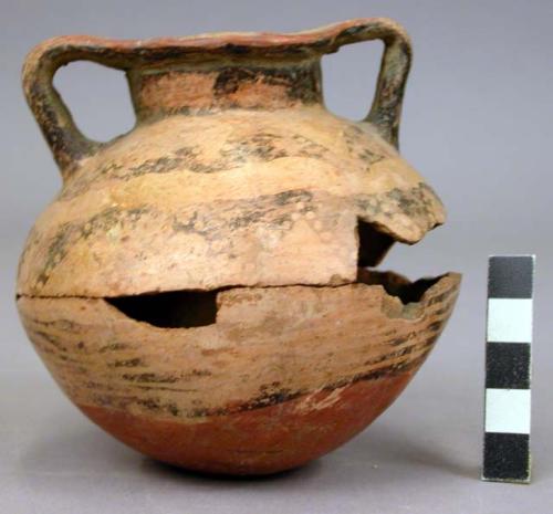 Pottery jar, col. orn., expanded lip connected with handles