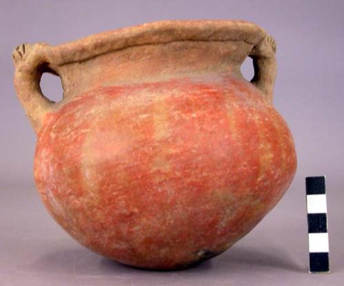 Pottery jar, red, handles slightly ornamented