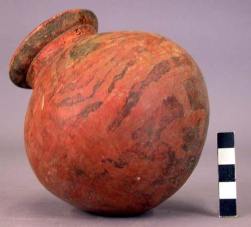 Pottery jar, small, red, black ornemtation on upper zone