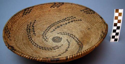 Basket bowl or tray, coiled. 3 rod foundation. Non-interlocking stitches.