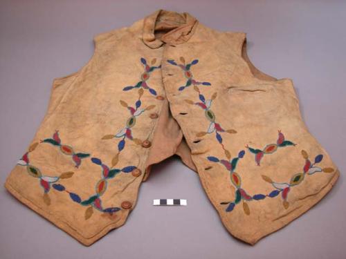Beaded buckskin vest, partially lined w/ cloth. Back of vest is cloth