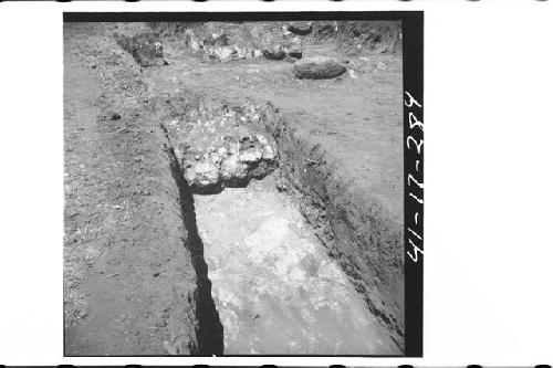 North boundary wall of ball court and bed rock under court floor