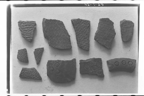 Potsherds.  Petate marked - Esperanza.  B-171, B-172, B-172 Pruneware.