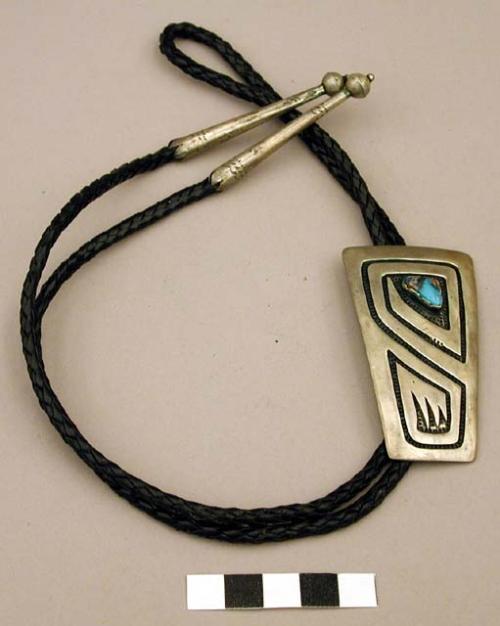 Bolo, silver shield w/ "S" overlay design, inlaid triangular burnham turquoise