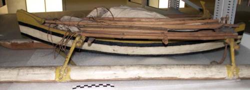 Model outrigger canoe with rigging, etc, wood, complete outrigger with ropes and