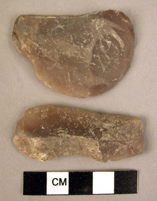 2 flint end scrapers - 1 is end-of-blade type; 1 is discoidal type