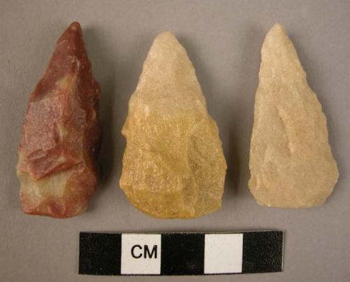 3 quartzite thick triangular bifacial, concussion-worked points