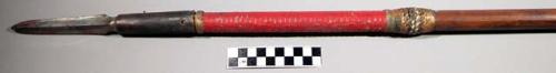 Spear, 3-sided metal blade, wood shaft, red pigmented grip, braided metal