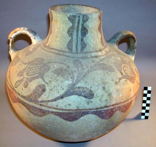 Ceramic jar, painted red floral design, bulbous body, 2 loop handles, chipped