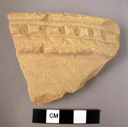 Ceramic rim sherd, buff ware, impressed and incised bands below rim