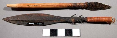 Arrows, ovate metal point, 1 with barbed stem, fiber wraps, 1 wood stem