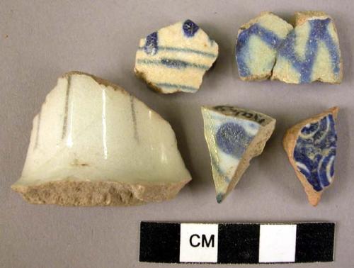 5 potsherds - blue on white glaze