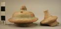 2 pottery covers - plain ware, tan