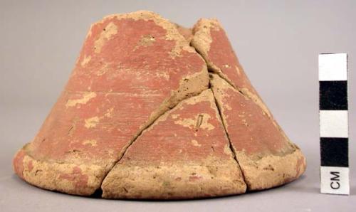 Ceramic partial ring stand, base, red, conical, hollow, w/ 5 sherds, mended