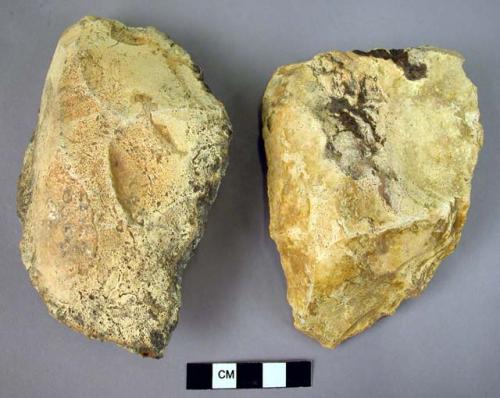 Two crudely worked flint choppers on large flakes