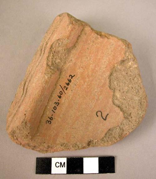 Potsherd - interior brown burnish, buff to red-brown smooth; coarse, medium fire