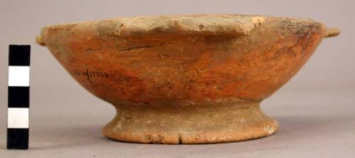 Lost color ware annular base bowl - linear design; 3 handles; base broken