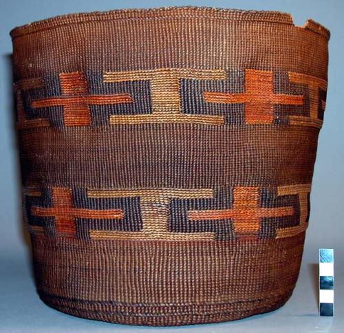 Basket--t and h-shaped design of orange, yellow, brown in false embroidery