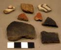 Ceramic sherds, punctate, incised, black on white, geometric, various