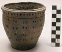 Ceramic jar, flat base, punctate & grooced body, flared rim