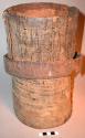 Bark container, cylindrical, sewn w/ bark, 2 bark rings, 1 broken, open ends.