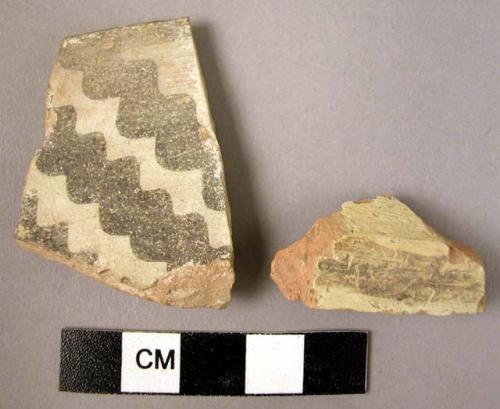 2 Halaf ware (slipped) sherds; (1 sherd Minivite IIB, stairway design)