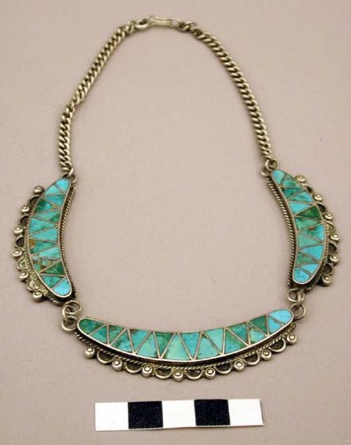 Choker of 3 inlaid panels on silver chain, channeled turquoise inlay