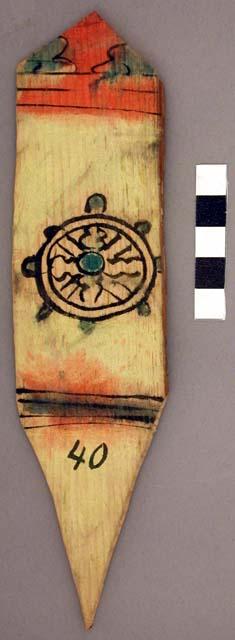 Ornament?, flat pointed stick, painted - linear & concentric circular designs