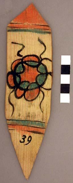 Ornament?, flat pointed stick, painted - circular & linear designs