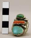 Silver ring with inlaid turquoise & coral, rectangualr bezel