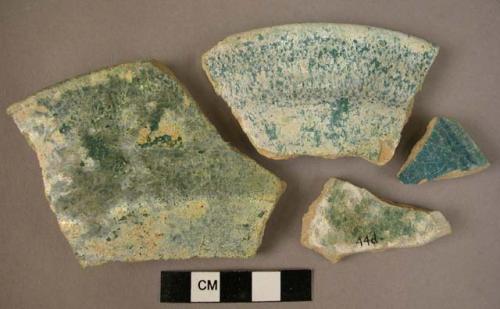 Ceramic rim and body sherds, blue irredescent glaze