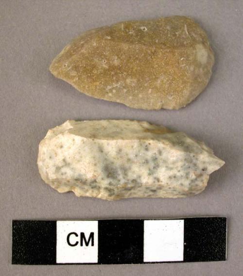 2 flint burin/end scrapers: 1) A1  with burin tip quite battered; hard use on si