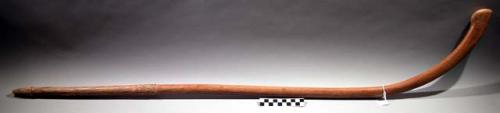 Wood tool, curved, shaped "prod" at base, flattened handle.  Length 47"