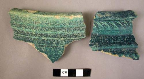 3 rim potsherds - blue-green alkali glaze - from large storage jars