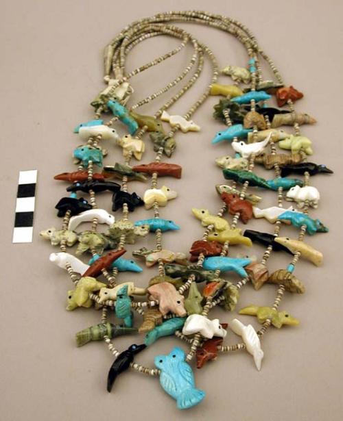 4-strand shell heishi & fetish necklace, w/ numerous carved animal fetishes