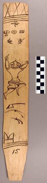 Ornament?, flat stick, black designs - anthropomorph w/rounded pointy head