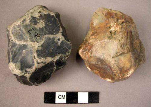 Flint side scraper with flaking edge; small heavily rolled flint core