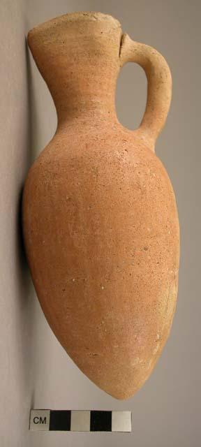 Long pointed pottery juglet - vertical strak burnish; pinch-spout