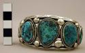 Cuff bracelet, silver w/ 2 outer strands and 5 large turq. stones set between