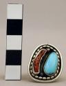 Ring, silver, 1 tear-drop turquoise stone, 1 small piece of branch coral