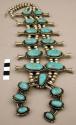 Silver necklace, naja pendant, 1 strand beads w/ squash blossoms, turq. stones