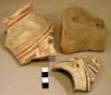Ceramic sherds, lugs, unfinished perforations, figurative and geometric designs
