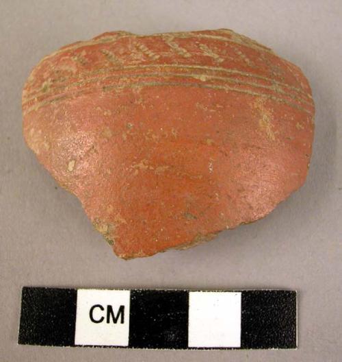 Rim potsherd - red, incised band around top