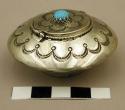 Ashtray, silver with etched designs, hinged lid with 1 turquoise stone