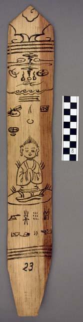 Ornament?, flat stick, black painted designs - seated human