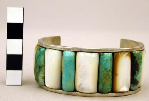 Cuff bracelet, silver band set with narrow rectangular turq. & mother of pearl