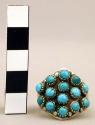Ring, silver, 14 small round turquoise stones in a six-sided bezel