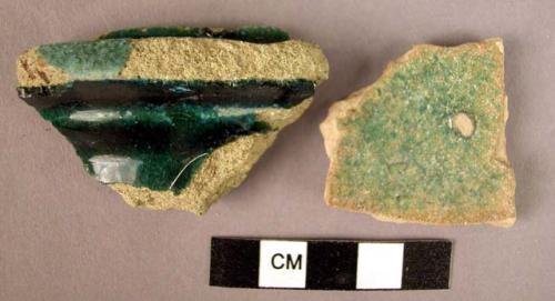 Ceramic rim and body sherds, bluish-green glaze