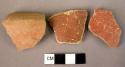 Rim potsherd of flat bowls with spouts; 2 potsherds of same type of bowls