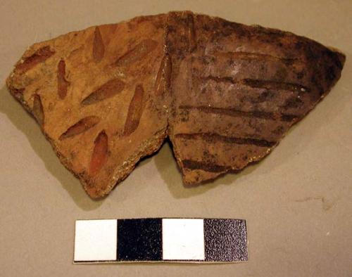 Ceramic body sherd, engraved, mended, redware